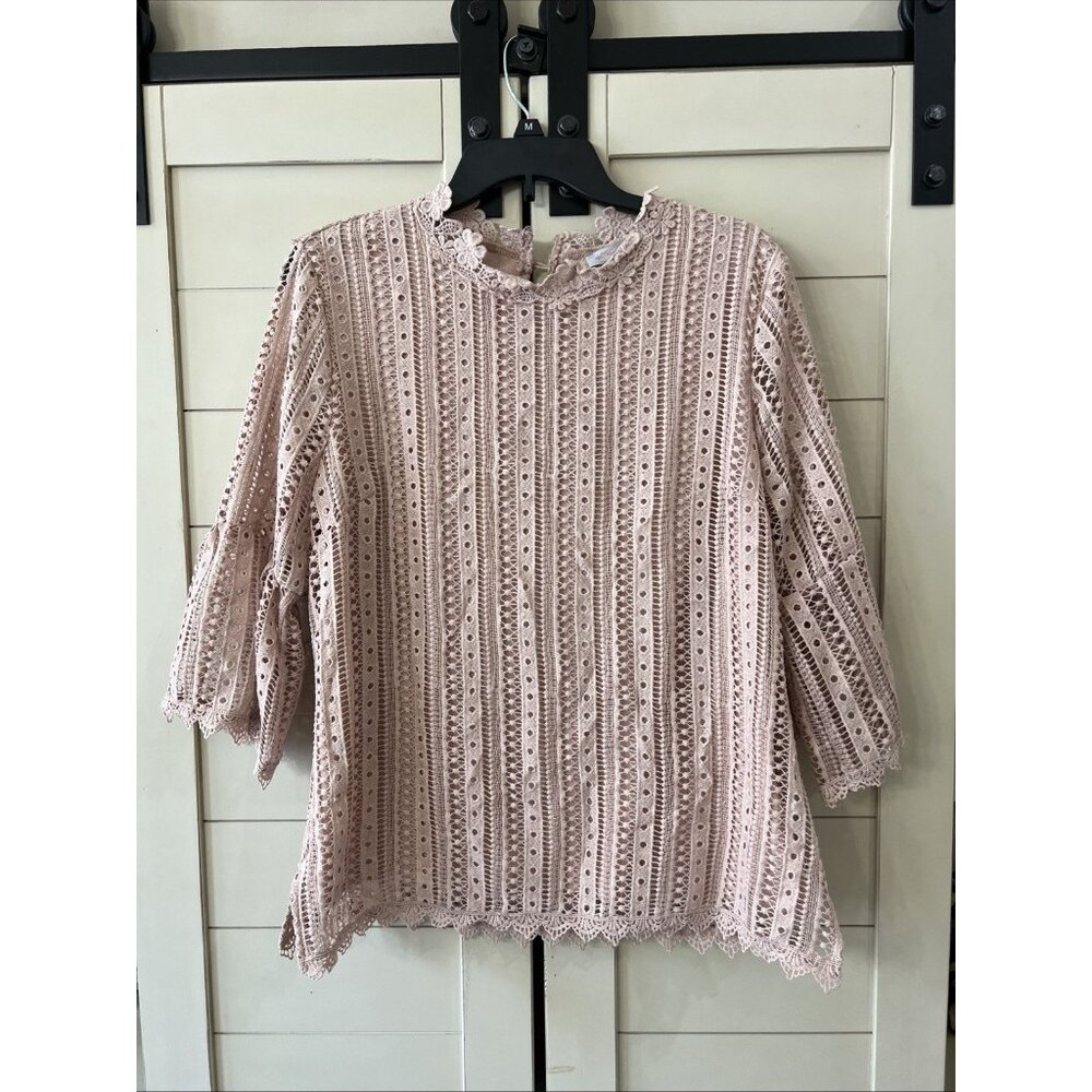 Ultra Pink Women's Lace Crochet Top Sz Large Flared 3/4 Sleeves Cottage Core